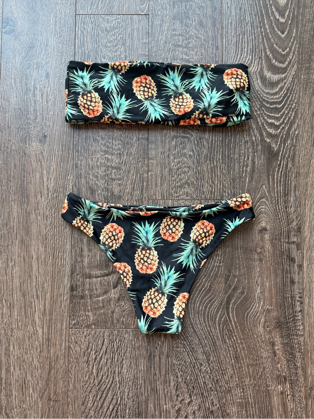 Zaful Pineapple Print Bandeau Bikini Set - Black with Green & Yellow Pineapples